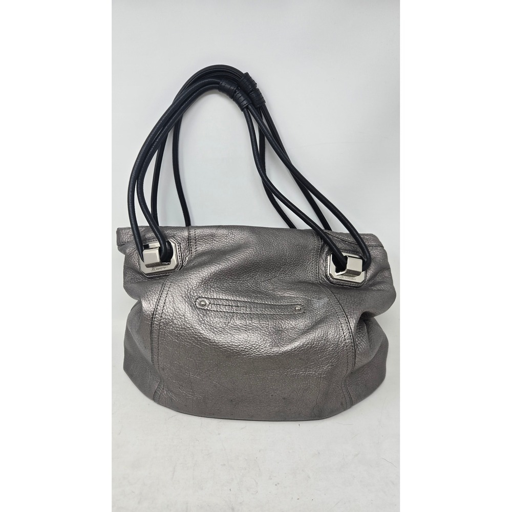 B. Makowsky Metallic Pewter Leather Hobo Bag Black Straps Leopard Lining Large
